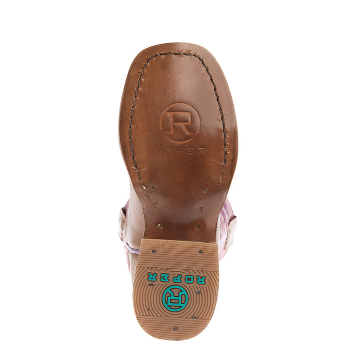Roper Footwear Kid's Waxy Tan Vamp 8in Pink Flower Embroidered Top