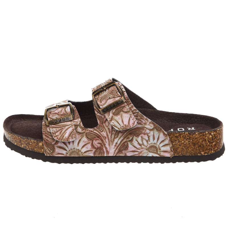 Roper Footwear Womens Delilah Tan Floral Embossed Faux Leather Buckle Sandal