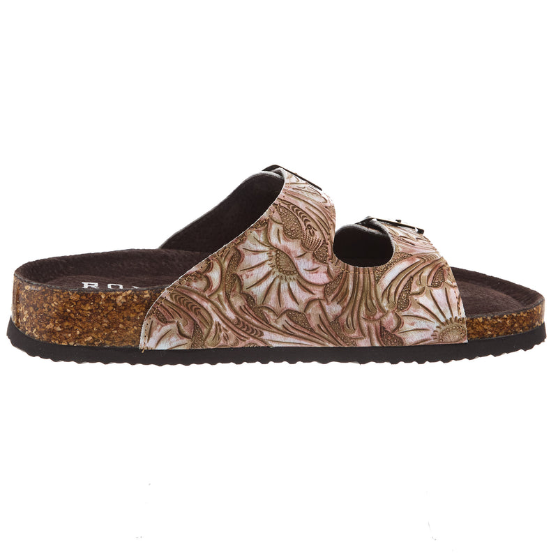 Roper Footwear Womens Delilah Tan Floral Embossed Faux Leather Buckle Sandal