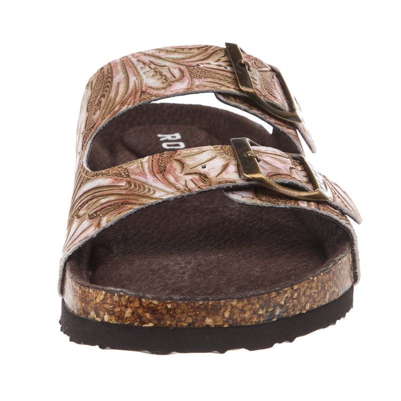 Roper Footwear Womens Delilah Tan Floral Embossed Faux Leather Buckle Sandal