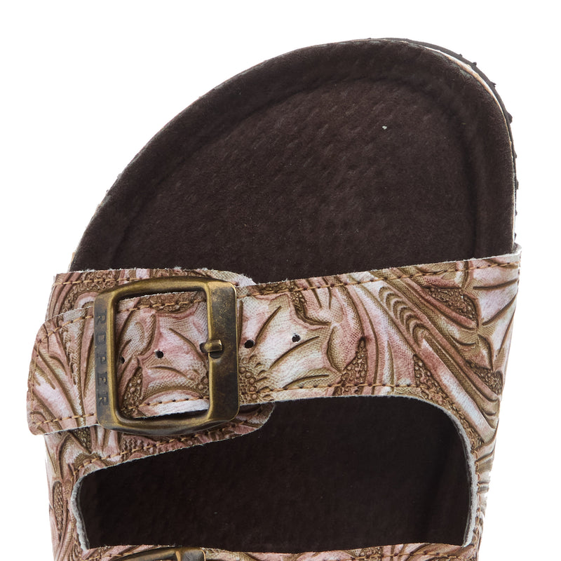 Roper Footwear Womens Delilah Tan Floral Embossed Faux Leather Buckle Sandal