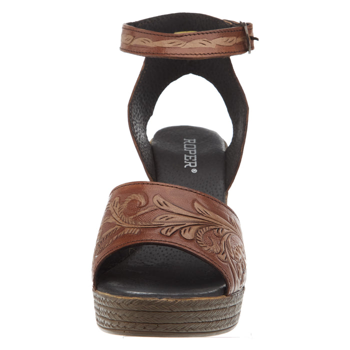 Roper Footwear Womens High Tide Tan Tooled Leather Heel