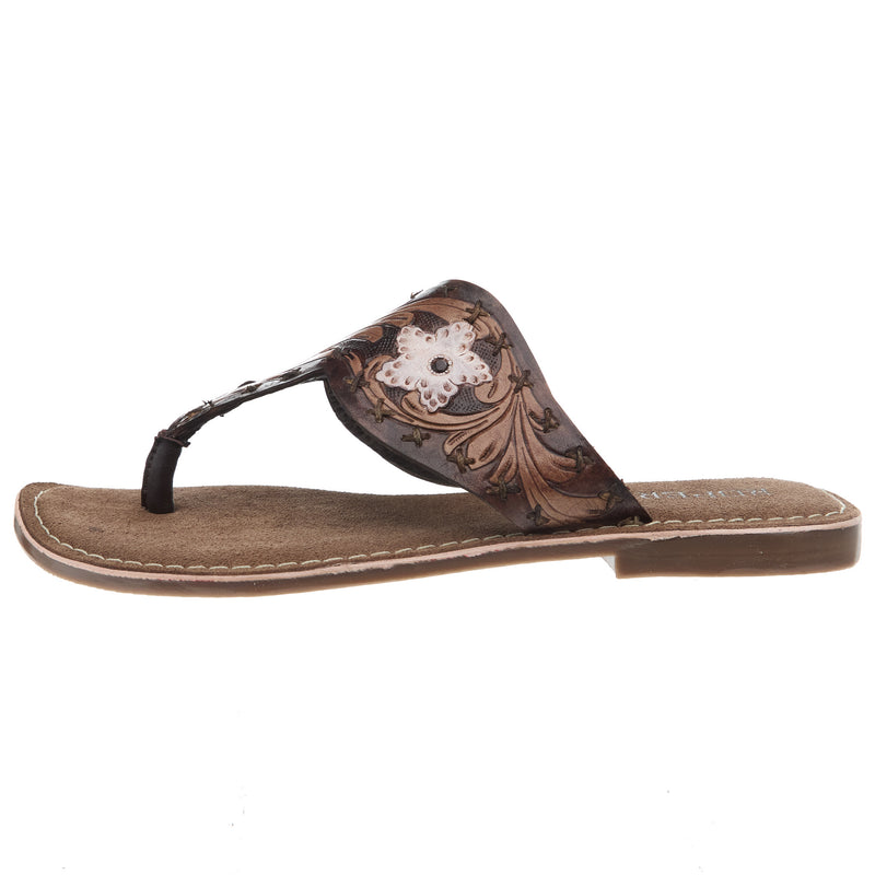 Roper Footwear Womens Juliet Brown Painted Tooled Leather Thong Sandal