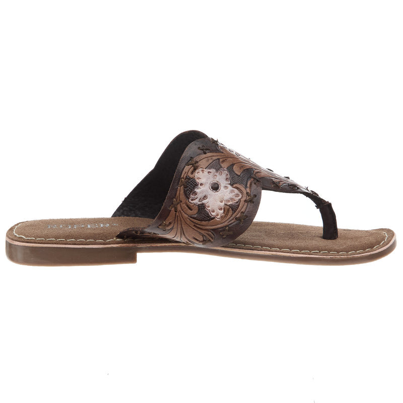 Roper Footwear Womens Juliet Brown Painted Tooled Leather Thong Sandal