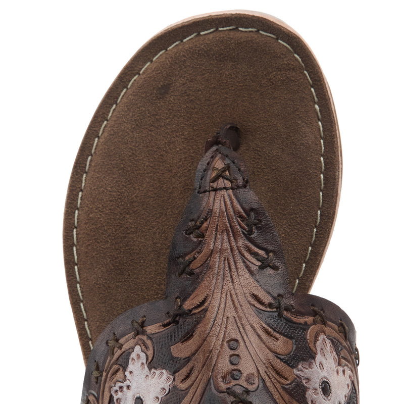 Roper Footwear Womens Juliet Brown Painted Tooled Leather Thong Sandal