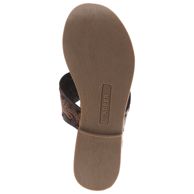 Roper Footwear Womens Juliet Brown Painted Tooled Leather Thong Sandal