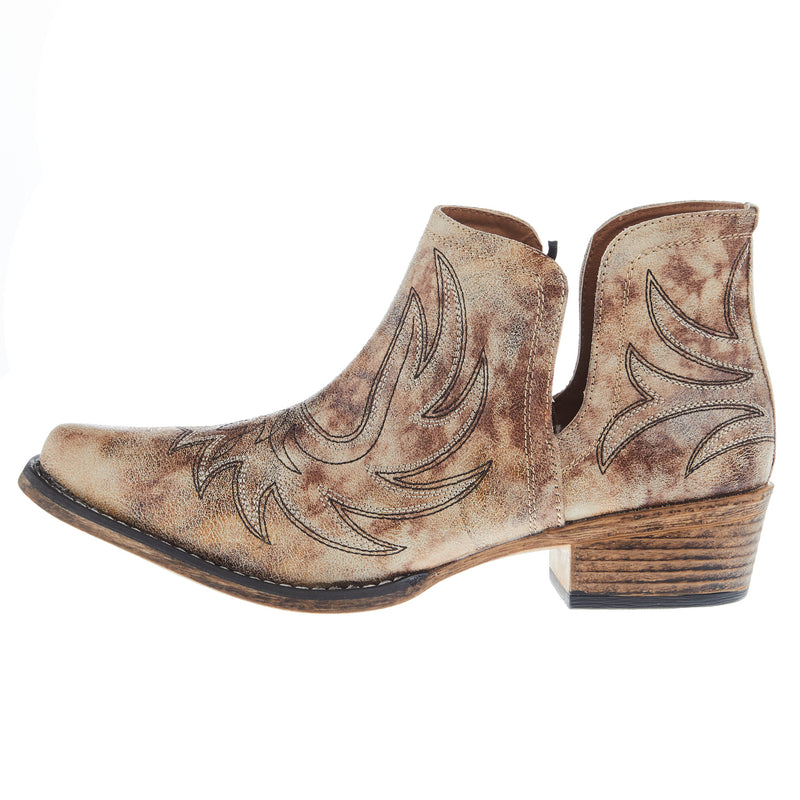 Roper Footwear Women's Ava Tan Faux Leather w/ Western Stitch Snip Toe Bootie