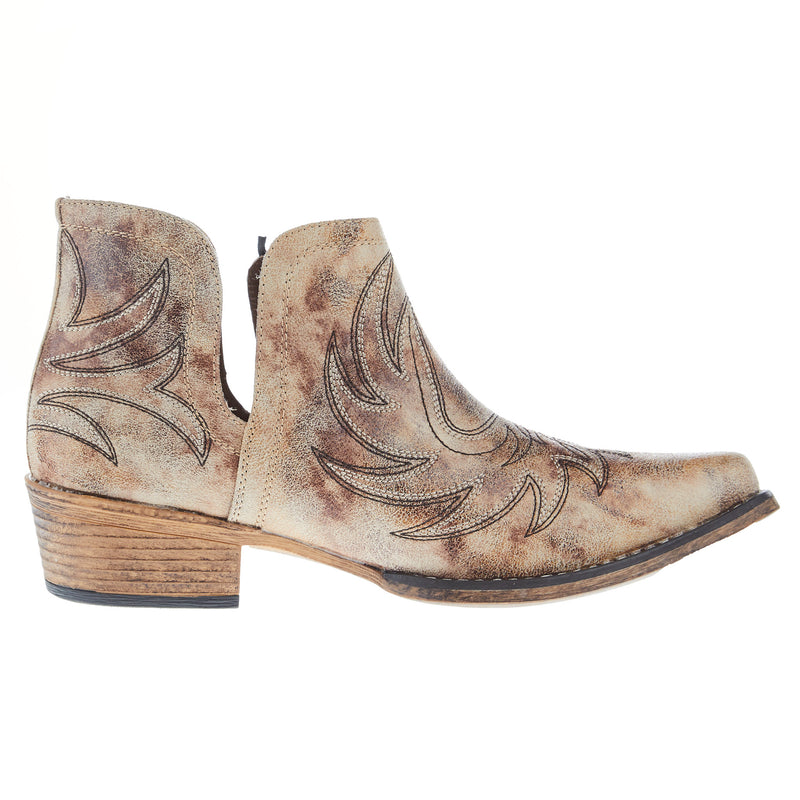 Roper Footwear Women's Ava Tan Faux Leather w/ Western Stitch Snip Toe Bootie