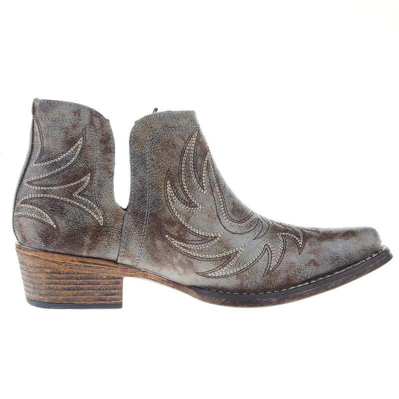 Roper Footwear Women's Ava Grey Faux Leather w/ Western Stitch Snip Toe Bootie