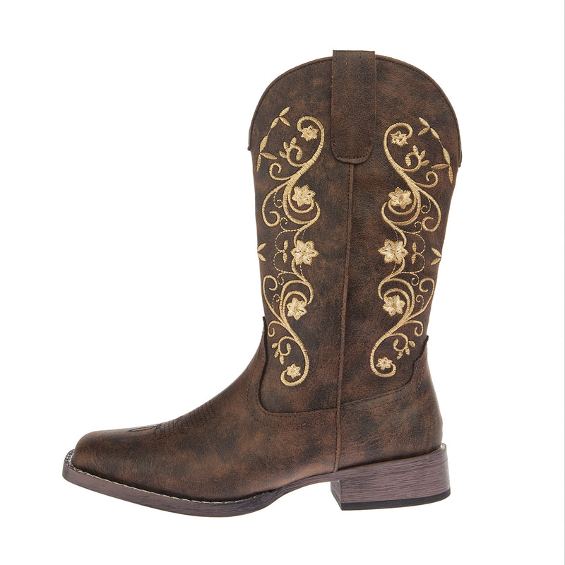 Roper Footwear Women`s Bailey Brown Leather Vamp 12In Floral Embroidered Top Boot
