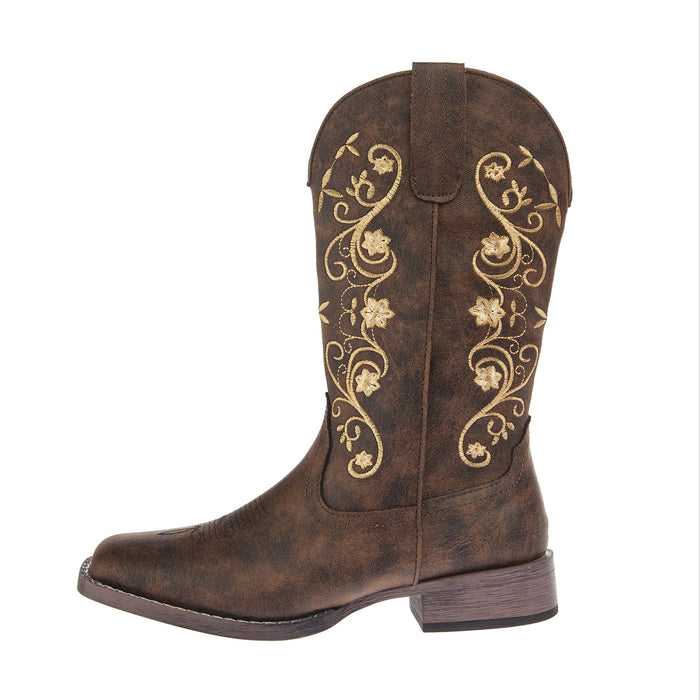Roper Footwear Women`s Bailey Brown Leather Vamp 12In Floral Embroidered Top Boot