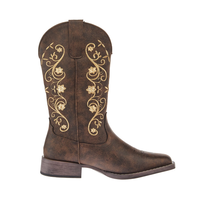 Roper Footwear Women`s Bailey Brown Leather Vamp 12In Floral Embroidered Top Boot