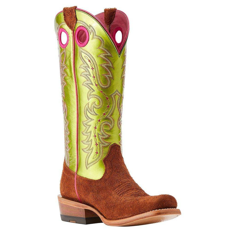 Ariat Women's Futurity Boon Cognac Roughout Electric Lime Patent Top Boot
