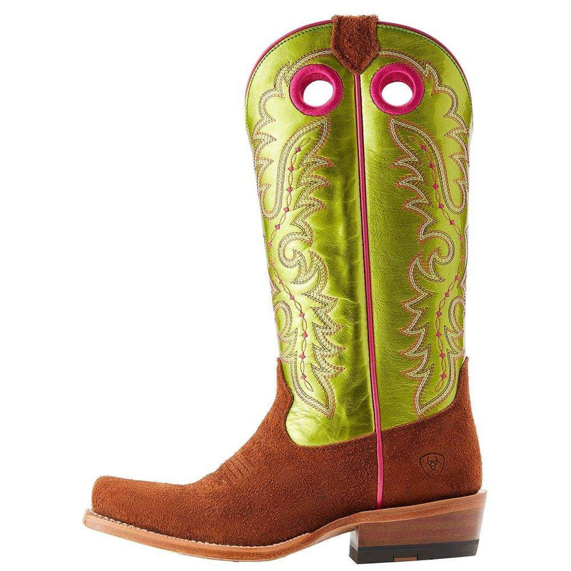 Ariat Women's Futurity Boon Cognac Roughout Electric Lime Patent Top Boot