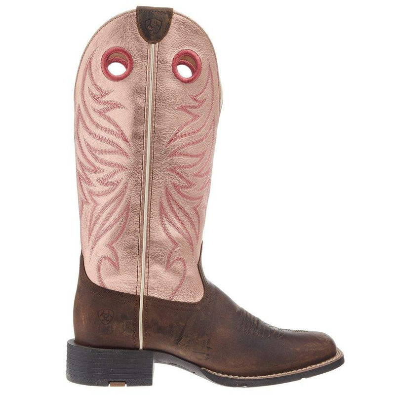 Ariat Women`s Distressed Brown Vamp Gold Pink Top Round Up Ryder Boot
