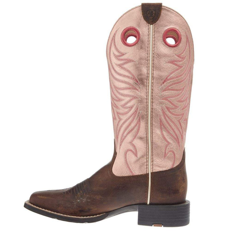 Ariat Women`s Distressed Brown Vamp Gold Pink Top Round Up Ryder Boot