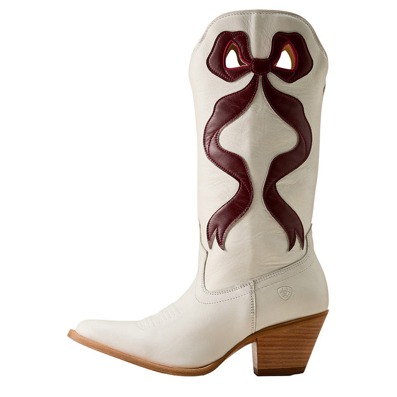 Ariat Women's Beaux Ivory Pearl Vamp 13in Maroon Bow Top Boot