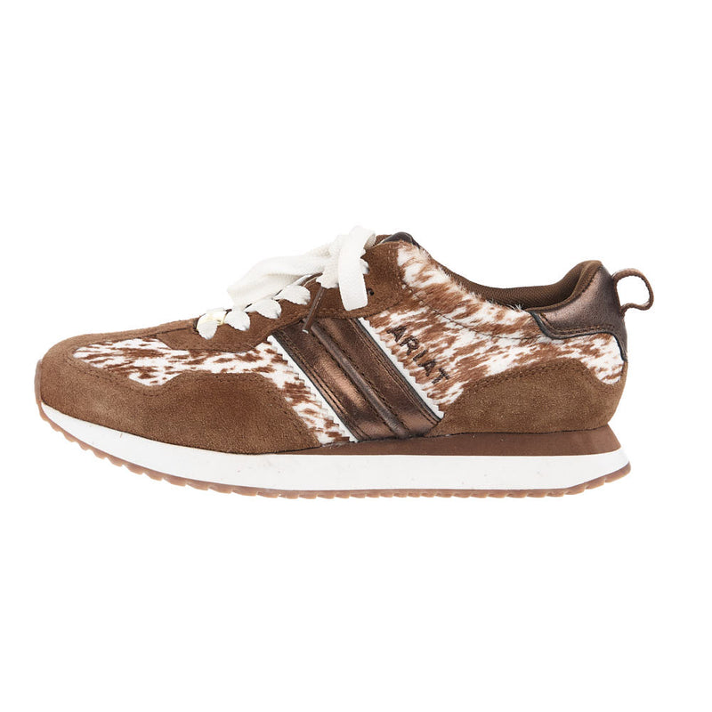 Ariat Women's Ranch Runner Chestnut Suede And Speckled Cow Print Tennis Shoe