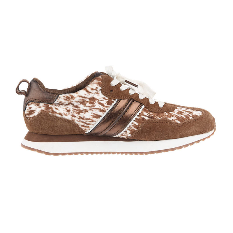 Ariat Women's Ranch Runner Chestnut Suede And Speckled Cow Print Tennis Shoe