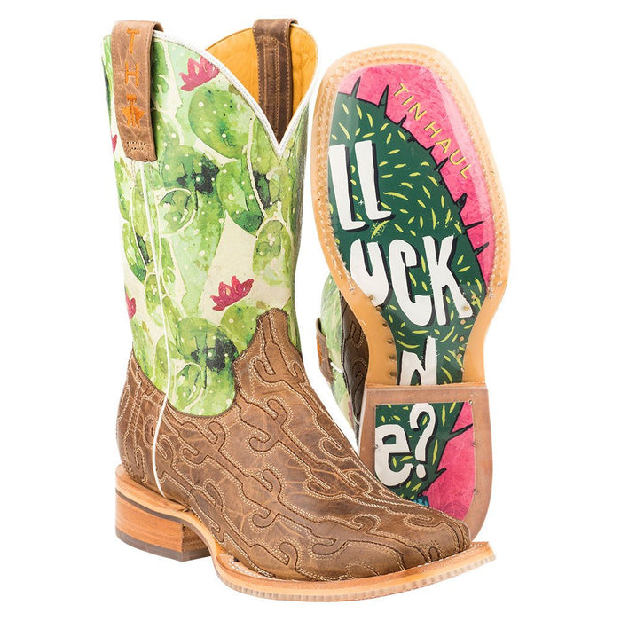 Ladies Burnished Tan Stitched Cactus Vamp Square Toe Cowgirl Boots