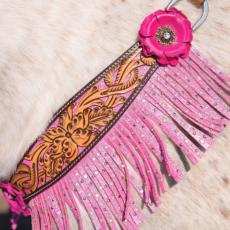 Circle Y Saddlery Malibu Pink Floral Filigree Breast Collar with Fringe