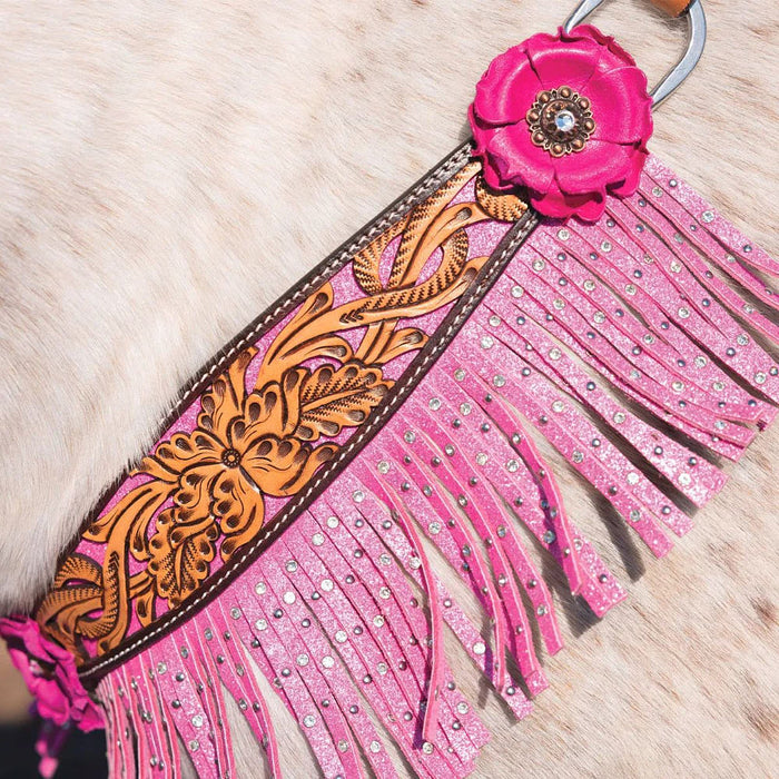 Circle Y Saddlery Malibu Pink Floral Filigree Breast Collar with Fringe