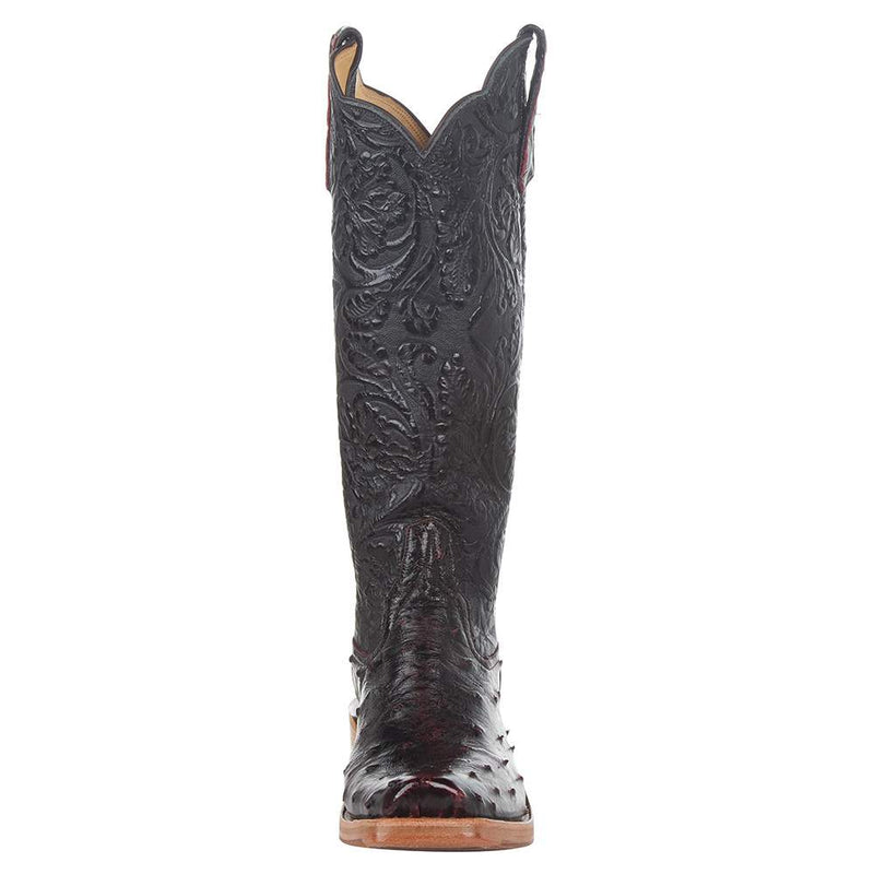 Rios Of Mercedes Women's Ride Ready Black Cherry Full Quill Ostrich 15 in. Black Embossed Top Cowgirl Boot