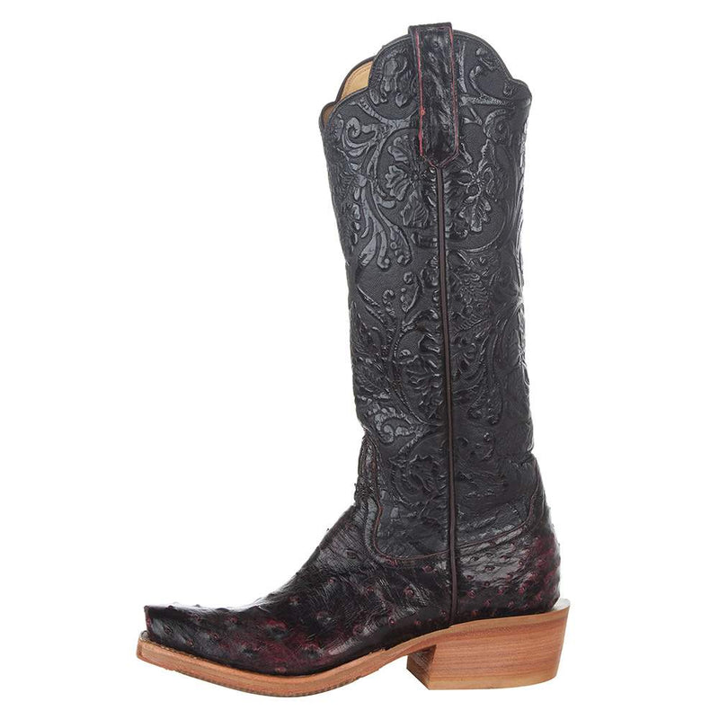 Rios Of Mercedes Women's Ride Ready Black Cherry Full Quill Ostrich 15 in. Black Embossed Top Cowgirl Boot