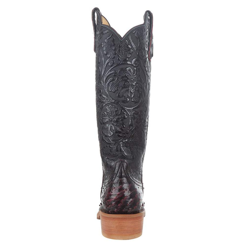 Rios Of Mercedes Women's Ride Ready Black Cherry Full Quill Ostrich 15 in. Black Embossed Top Cowgirl Boot