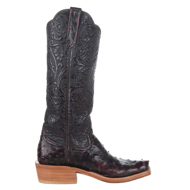 Rios Of Mercedes Women's Ride Ready Black Cherry Full Quill Ostrich 15 in. Black Embossed Top Cowgirl Boot