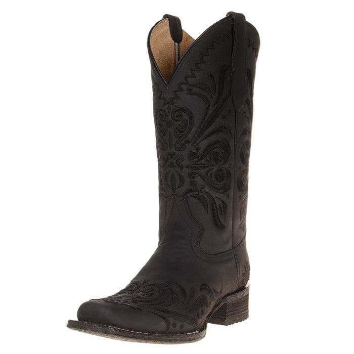 Women's Black Embroidered Square Toe Boot