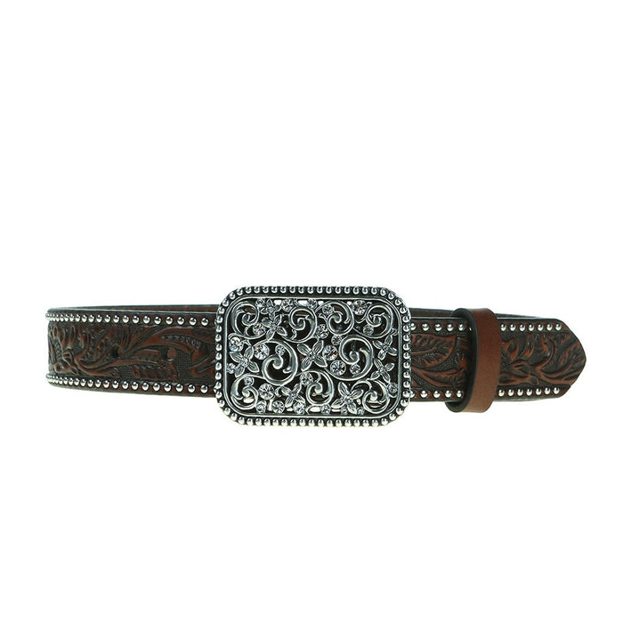 Girls M+F Brown Floral Tooled Belt With Silver Studs