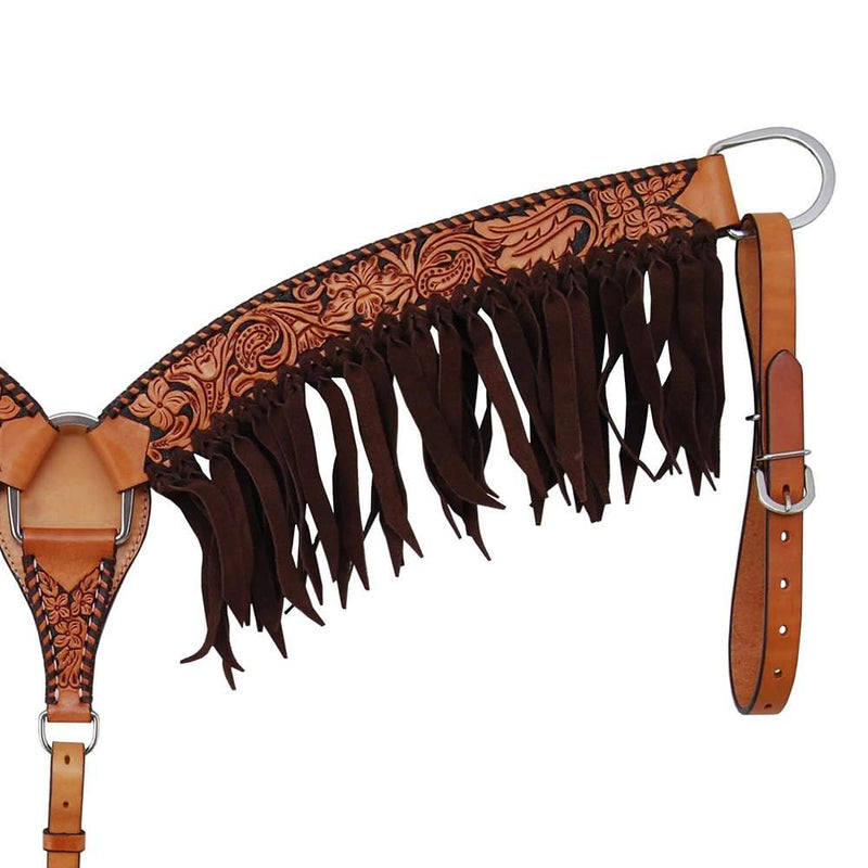 Rafter T Ranch Company Floral and Brown Whipstitch 3 Inch Contoured Breast Collar with Fringe