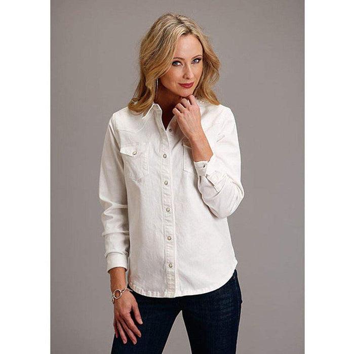 Stetson Apparel Womens Boyfriend Fit Bronc Embroidered White Denim Shirt