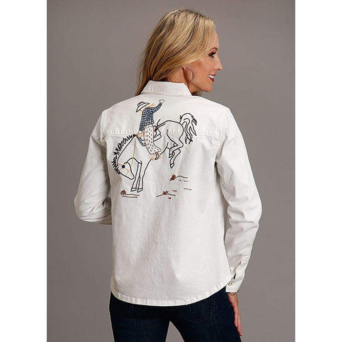 Stetson Apparel Womens Boyfriend Fit Bronc Embroidered White Denim Shirt