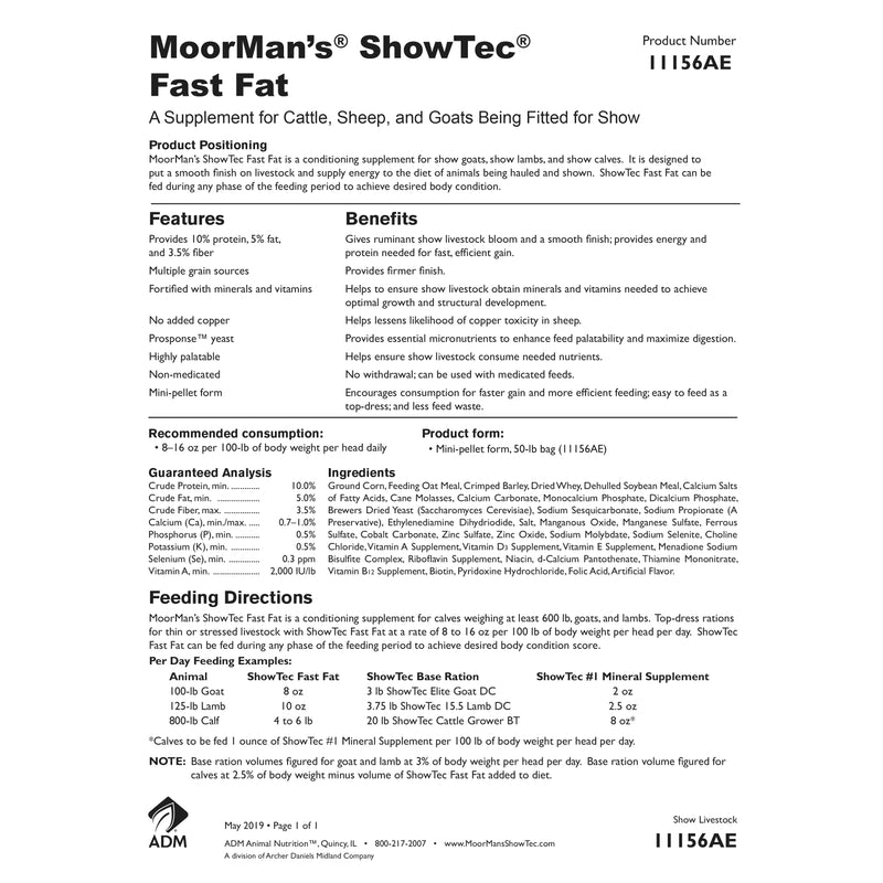 Adm Animal Nutrition Nuturition MoorMans ShowTec Fast Fat 50lb Bag 11156AE
