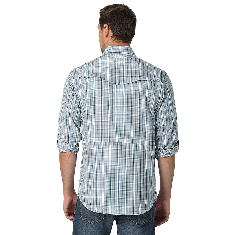 Wrangler Mens Teal Plaid Performance Snap Long Sleeve Shirt