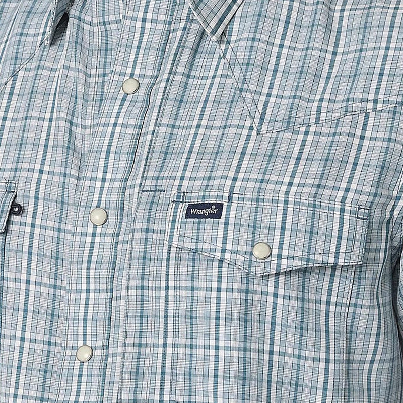 Wrangler Mens Teal Plaid Performance Snap Long Sleeve Shirt