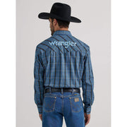 Wrangler Men's Western Logo Blue Plaid Button Down