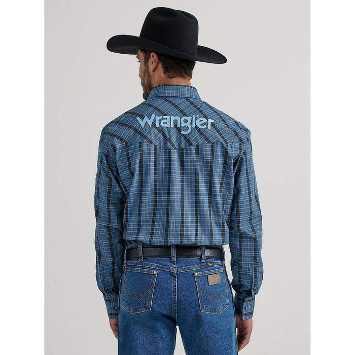 Wrangler Men's Western Logo Blue Plaid Button Down
