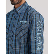 Wrangler Men's Western Logo Blue Plaid Button Down