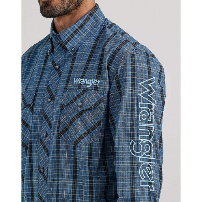 Wrangler Men's Western Logo Blue Plaid Button Down