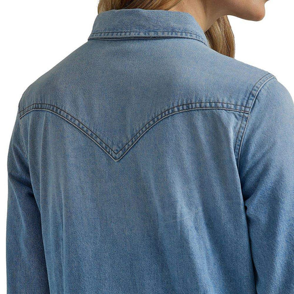 open lace back dress Wrangler Women's Retro Denim Midi Dress