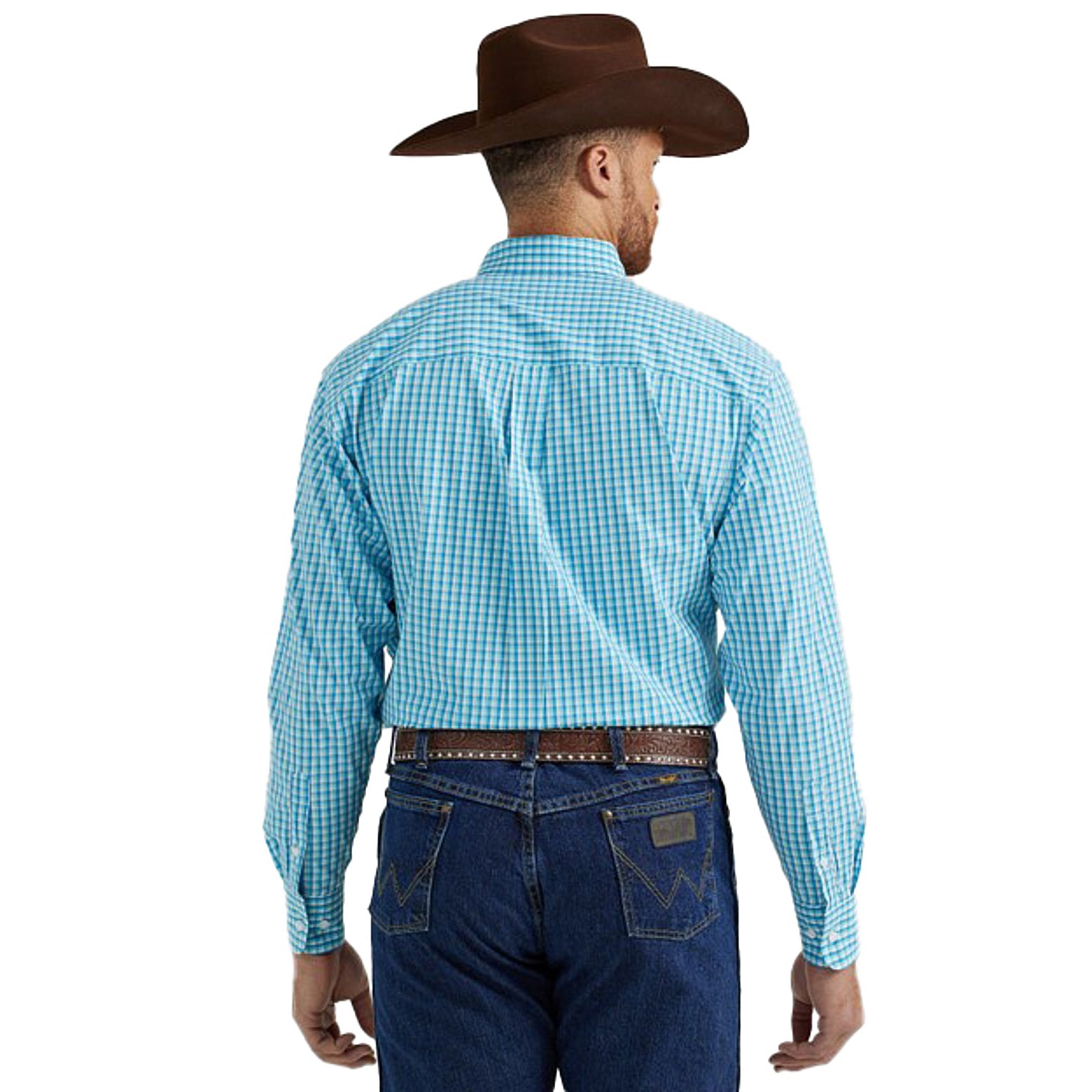 Men's Wrangler® George Strait™ Long Sleeve Button Down One Pocket Shirt in Dusty Blue Microdot