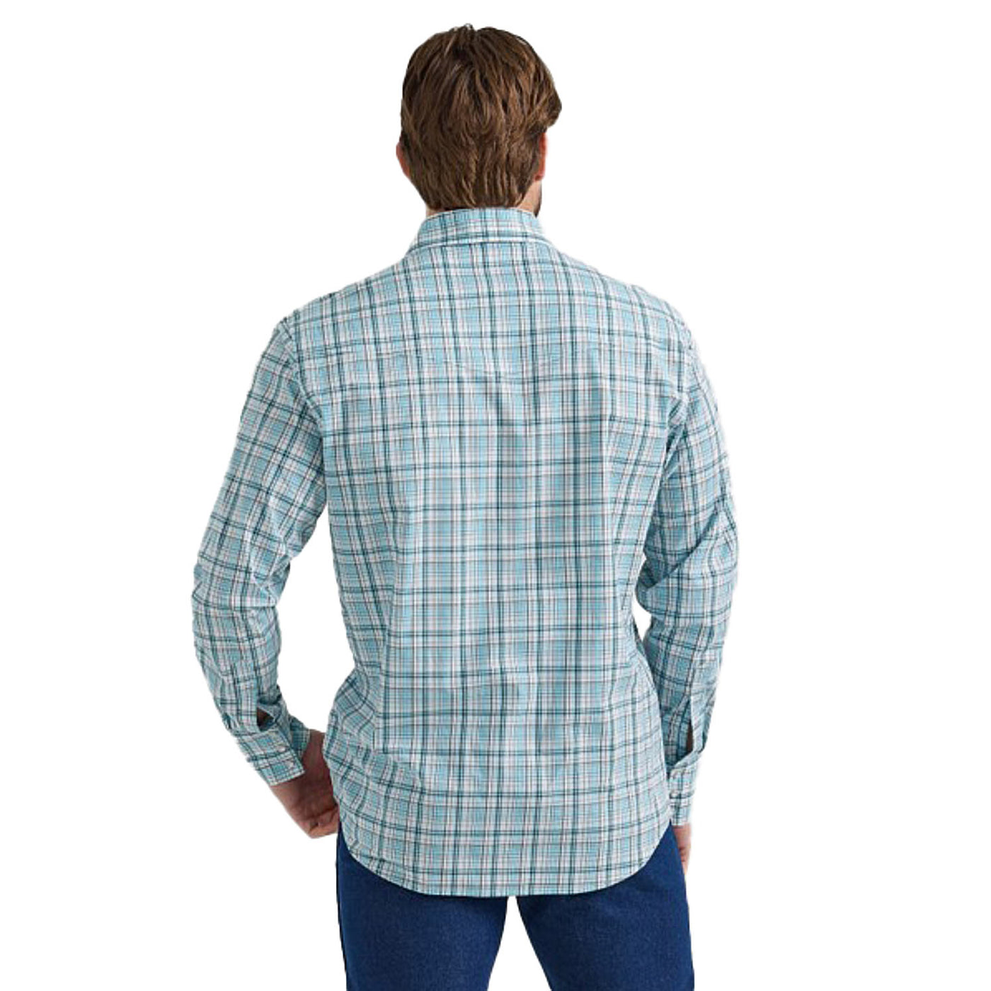 Wrangler Men's Baltic Blue Wrinkle Resist Long Sleeve Western Snap Pla