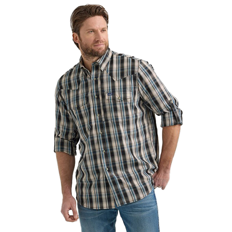 Wrangler Mens Performance Tan/Blk Plaid Shirt
