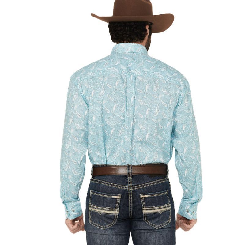 Wrangler Mens Long Sleeve Aqua Paisley Print Button Down Shirt