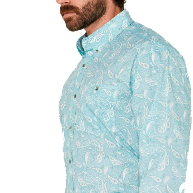 Wrangler Mens Long Sleeve Aqua Paisley Print Button Down Shirt