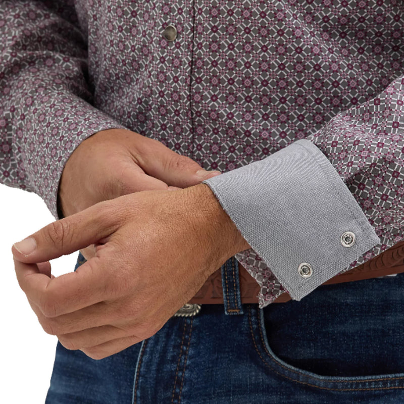 Wrangler Mens 20X Grey/Wine Print Long Sleeve Snap Shirt