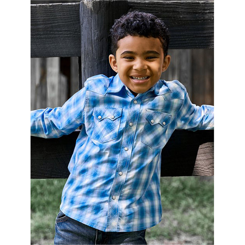 Wrangler Boys Retro Blue Plaid Long Sleeve Snap Shirt